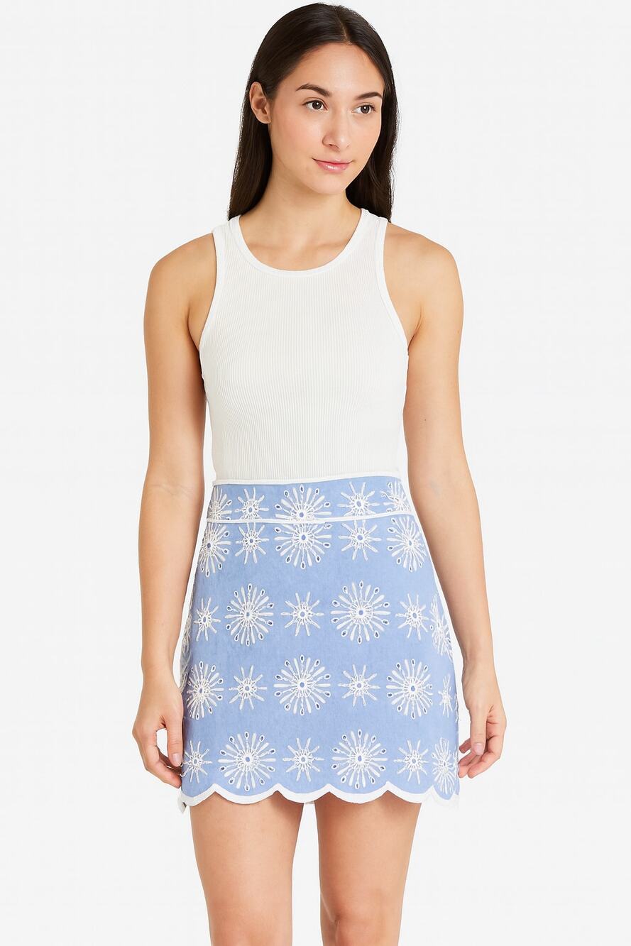 Talbots‎ Chambray Starburst Eyelet A-Line Skirt With White Scalloped Hem Size 2
